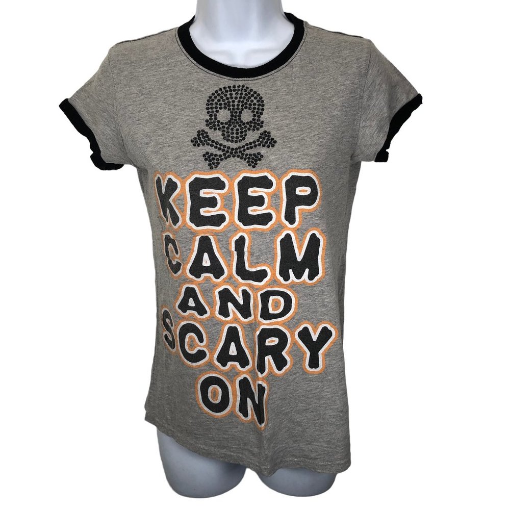 LOL Vintage Gray Keep Calm And Scary On Shirt Top Skull Halloween Horror Gothic